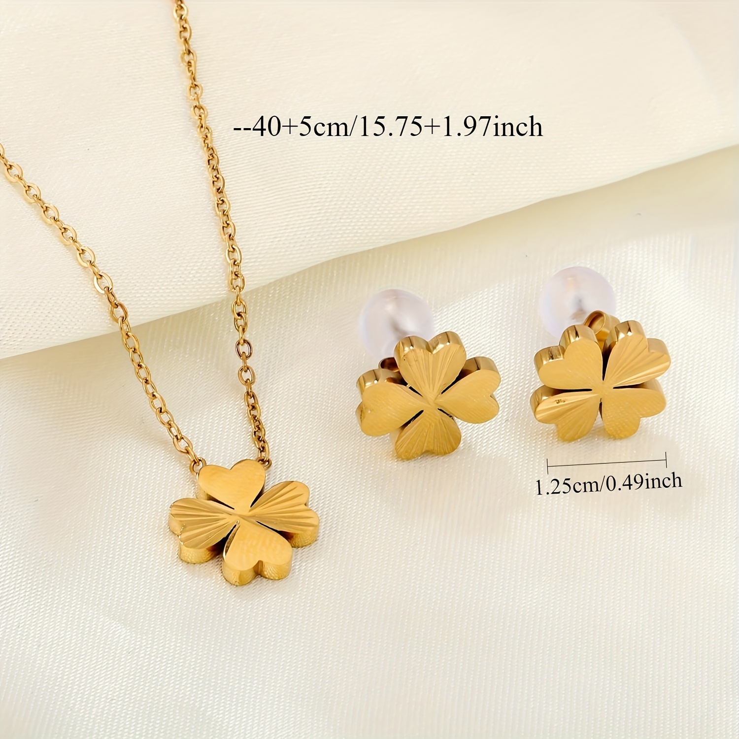 Stainless Steel Golden Four Leaf Clover Pendant Necklace and Earrings Set